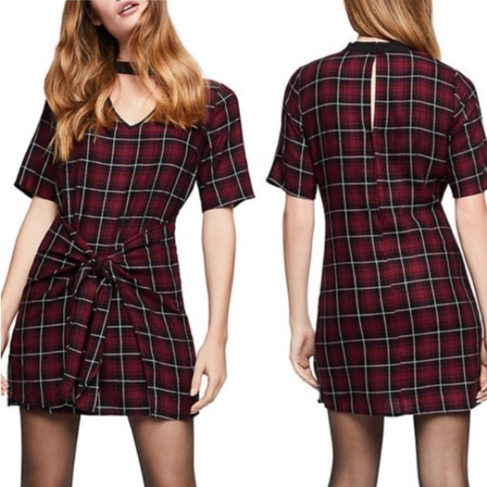 BCBG ~ Plaid, Short Sleeve, Tie Front Waist, High V Neck Dress